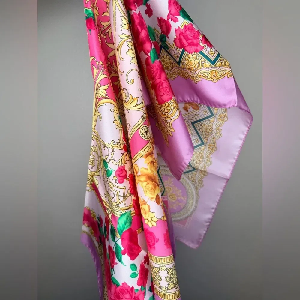 NEW IN BOX ✨ VERSACE SILK TWILL Medusa Hot Pink Roses & Gold Large Scarf
